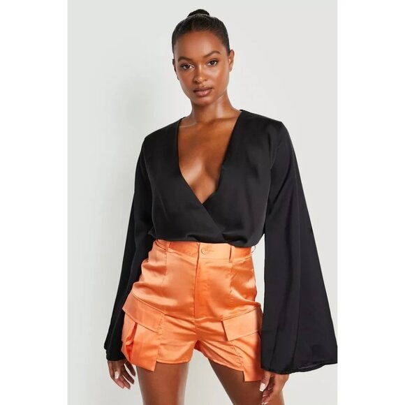 BOOHOO Orange Tall High Waist Satin Cargo Shorts Size 4 NEW - Picture 6 of 6